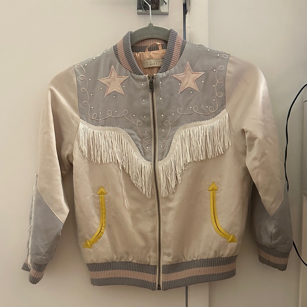 Gray and Cream Fringe Bomber Jacket